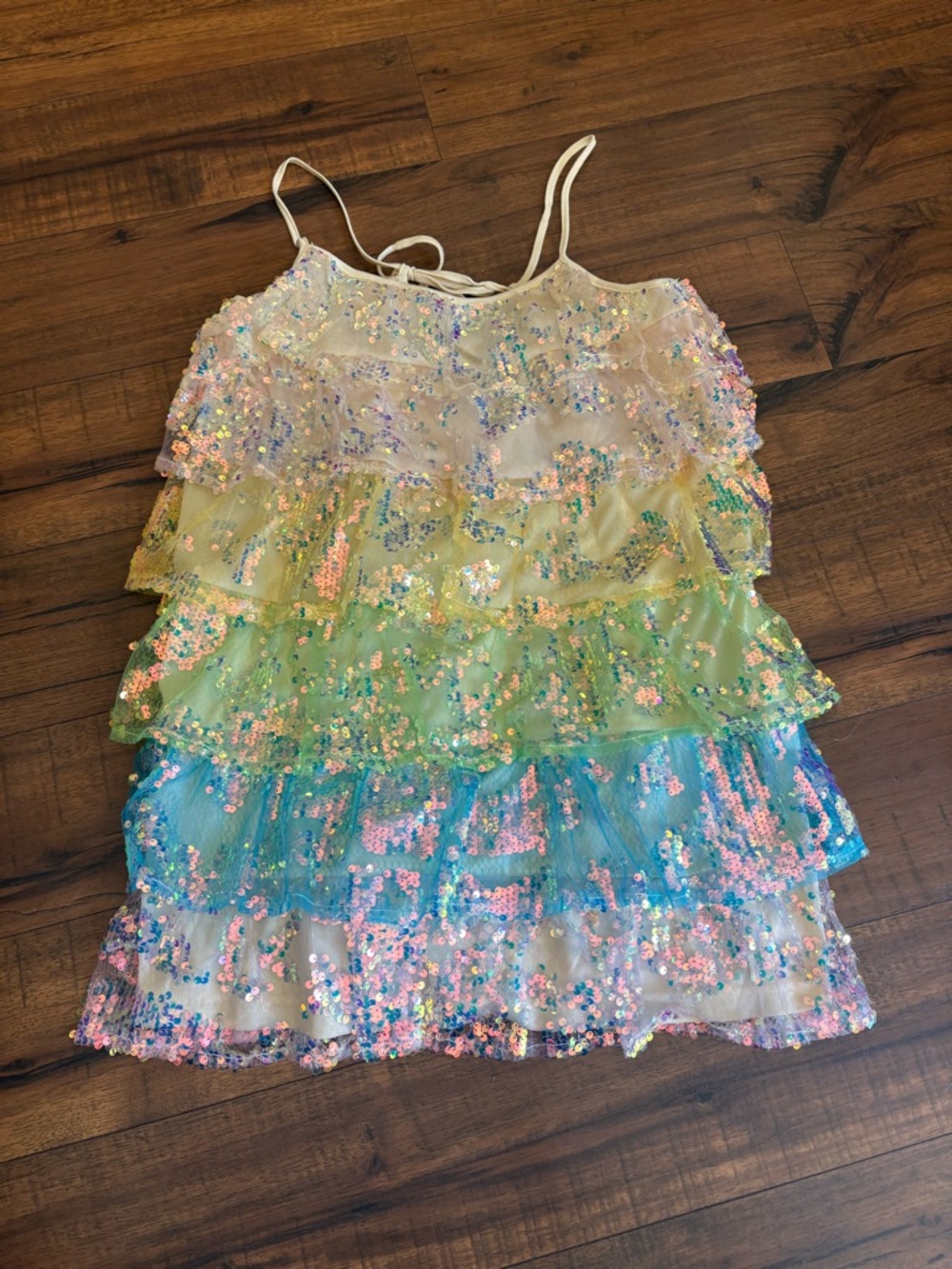 Storia Mini Dress Rainbow Sequin Sparkles Layered Size Small Pastel Party NWT